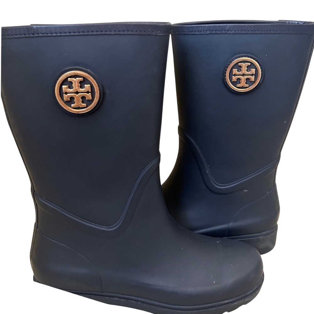 Tory Burch Maureen Rain Boots Black Rubber Logo Medallion Women's Size 8